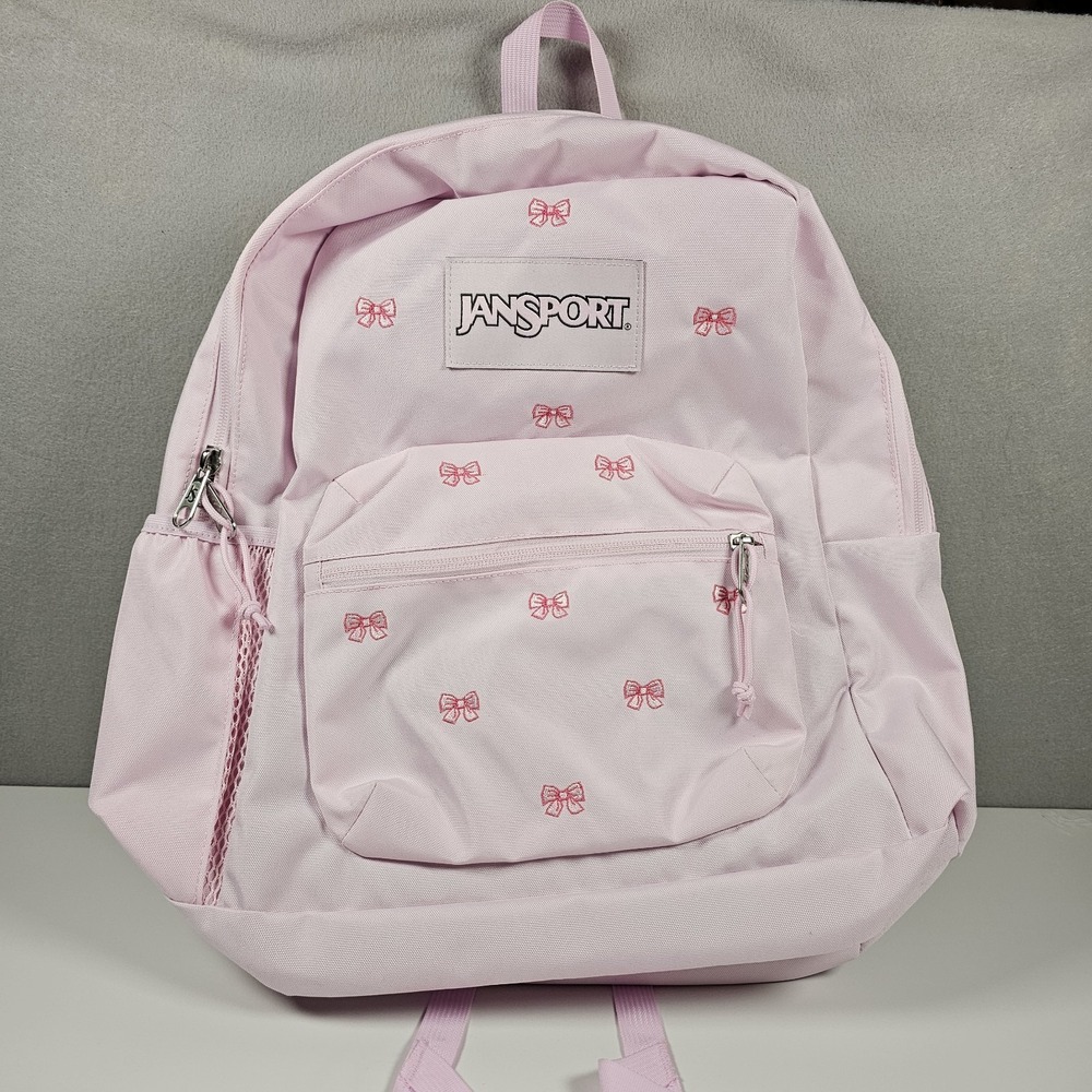 JanSport SuperBreak Plus FX Pink Embroidered Bows Backpack NWOT Laptop 26L